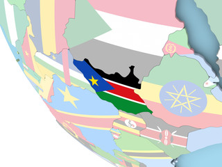 South Sudan with flag on globe