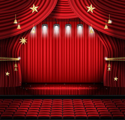 Red Stage Curtain with Seats and Spotlights.