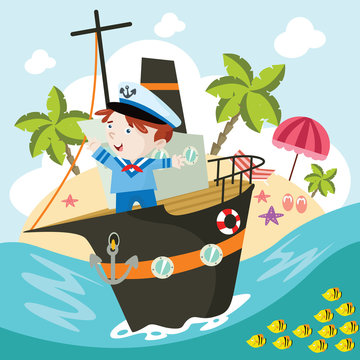 Little Boy Sailing Cartoon Vector Illustration