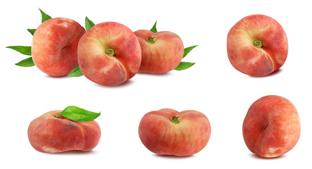 Set fresh chinese flat donut peaches with leaf isolated on white with clipping path