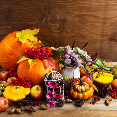 Fall arrangement with pumpkins and decorated birdcage, copy space