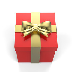 Christmas Gift Box, Red Box With Golden Ribbon And Golden Bow, 3D Illustration