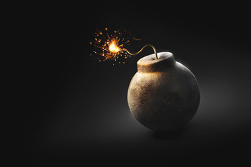 round bomb with lit fuse on a dark background /3D illustration /3D Rendering - obrazy, fototapety, plakaty