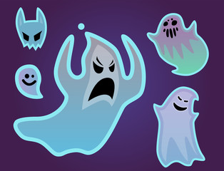 Cartoon spooky ghost character scary holiday monster costume evil silhouette creepy phantom spectre apparition vector illustration.