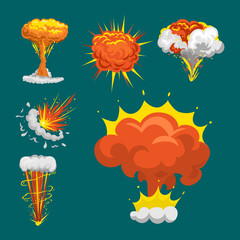 Cartoon explosion boom effect animation game sprite sheet explode burst blast fire comic flame vector illustration. © partyvector