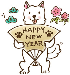 扇を広げる白い犬