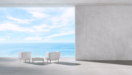 Modern interior living room wood floor with chair pool villa sea view summer 3d rendering