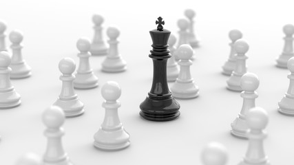 Leadership concept, black king of chess among white pawns. 3D Rendering.