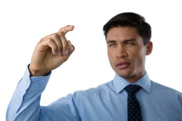 Close up of confident young businessman touching interface