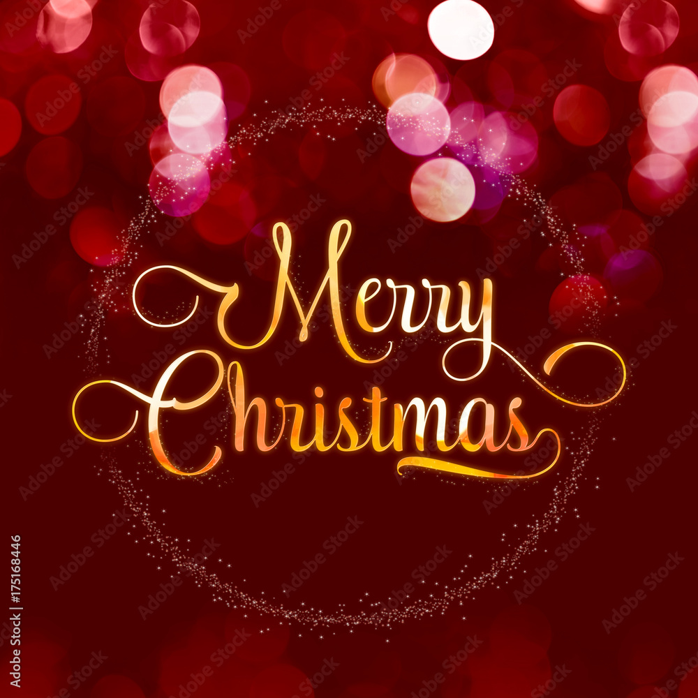 Poster merry christmas gold glossy texture with star wreath on red velvet color bokeh light sparkling backg