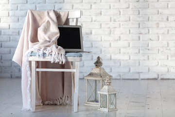 Modern chair in white room interior parquet wood floor.