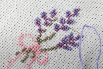 hand embroidery on fabric, pattern lavender