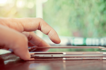 finger touch screen smartphone / use phone / typing sms