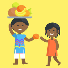 African Boy Holds Tray and Give orange to Girl