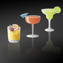 Three colorful cocktails in different glasses with lime, orange and cherry decoration and their reflection shadow against black background. Cocktail night bar party. Hand drawn vector illustration
