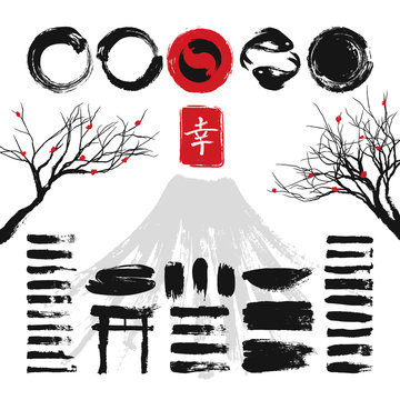 Japanese ink grunge art brushes and asian design elements vector set
