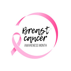 Breast cancer awareness month round emblem with hand drawn lettering. Vector pink ribbon circle icon on white background. Breast cancer awareness month pink ribbon vector women solidarity symbol icon