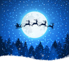 Obraz na płótnie Canvas Christmas background with Santa and deers flying on the sky