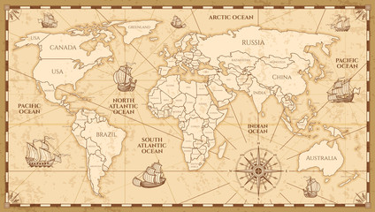 Vector antique world map with countries boundaries - obrazy, fototapety, plakaty