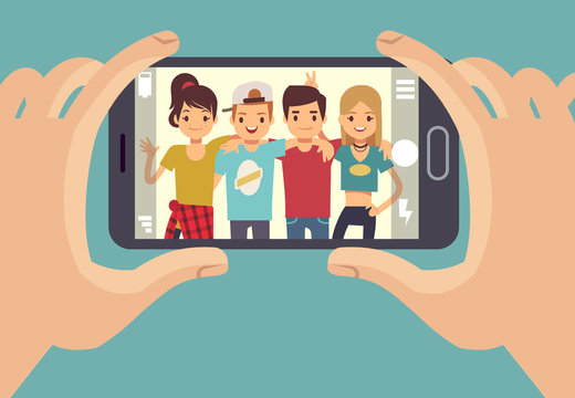 Young friends teenagers taking photo with smartphone. Friendship vector concept