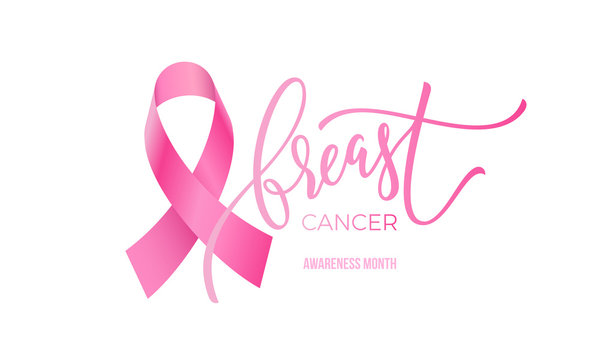 Breast cancer awareness month symbol emblem with vector pink ribbon sign on white background.