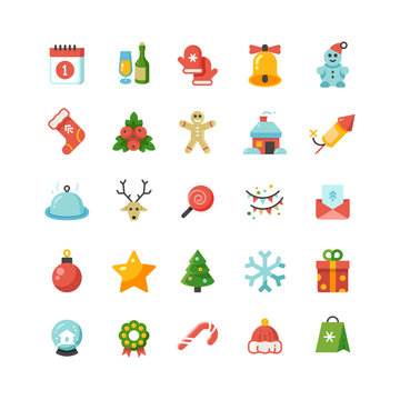 Funny christmas and new year holiday cartoon flat vector icons