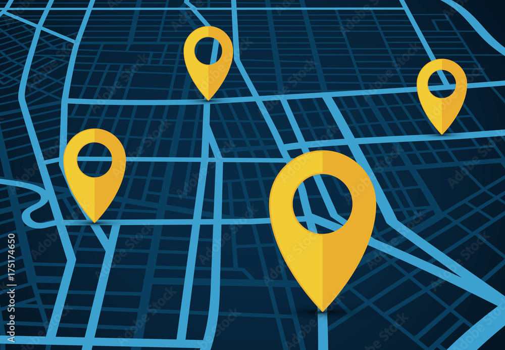 Poster gps navigation service vector concept. 3d map with location pointers