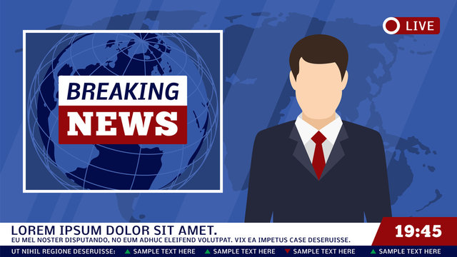 TV news studio with broadcaster and breaking world background vector illustration