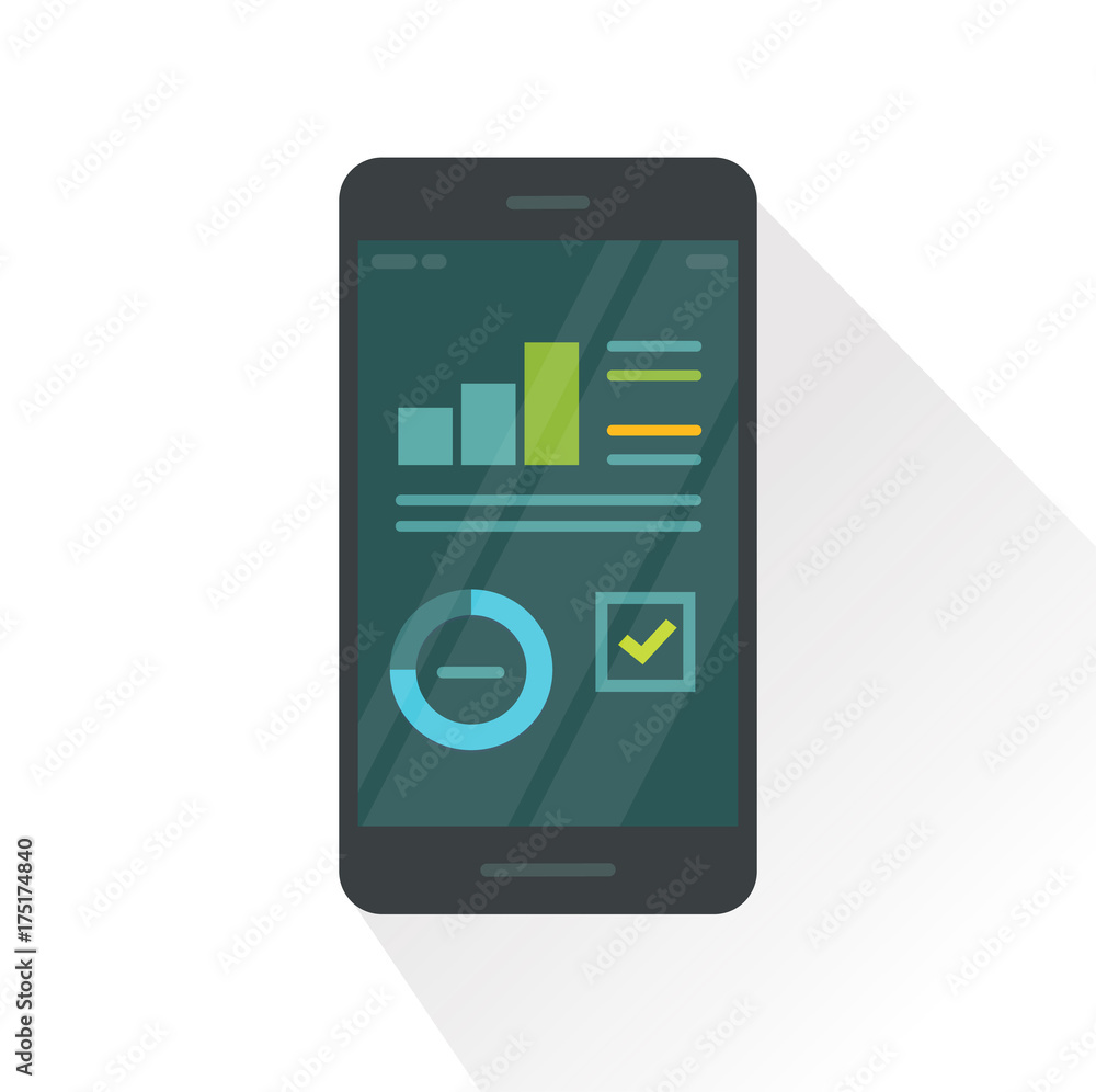 Poster mobile phone with statistics report graphs vector illustration, flat cartoon smartphone with analyti