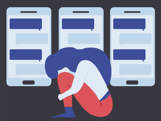 Conceptual illustration for bullying, gossiping; aspersion, defamation, slander, libel, slur, detraction, on female girl and teen