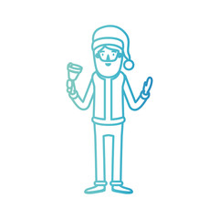 santa claus caricature full body holding a bell with hat and costume on gradient color silhouette from blue to purple
