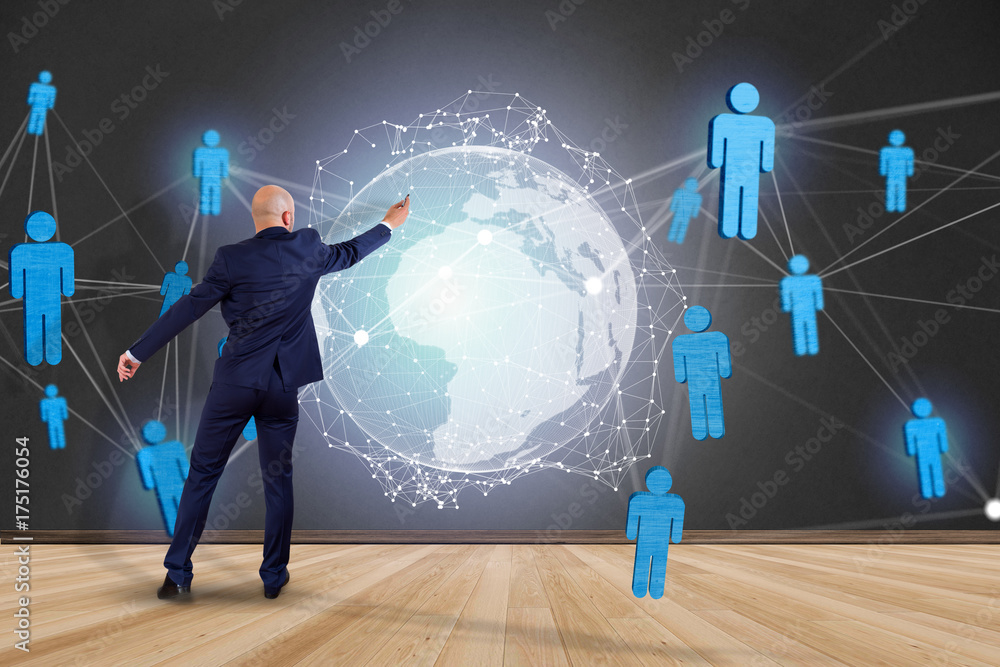 Poster international network displayed on a futuristic interface with globe and connection - technology and