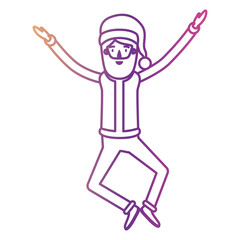 santa claus caricature full body jumping with hat and costume on gradient color silhouette from yellow to fuchsia