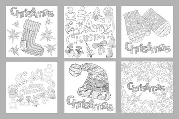 Set of Sketchy vector hand drawn Doodle Pattern of objects and symbols on the Christmas theme, coloring pages for adult