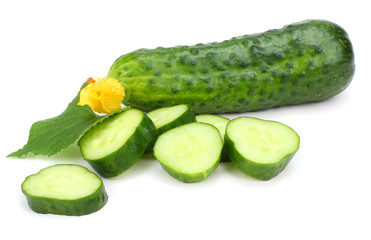 cucumber with sliced cucumber and leaf isolated on white background