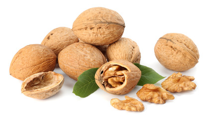 Green walnuts with leaves isolated on a white background