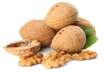 Green walnuts with leaves isolated on a white background