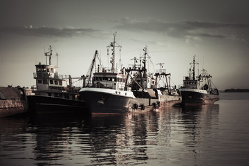 Naklejka premium Industrial fishing boats are moored in port