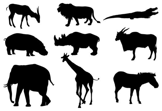 African animals big group vector silhouette illustration. lion, elephant, hyppo, giraffe, crocodile, zebra, antelope, gazelle,rhino. Savanna wildlife animals.