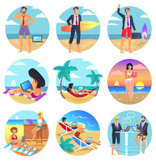 People Work on Summertime Round Illustrations Set