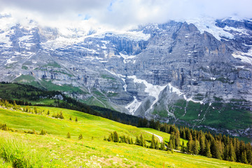 Idyllic Natural European Swiss Alpine Scenery Background, Jungfrau Region, Lauterbrunnen, Bernese Oberland, Bern Canton, Switzerland, Europe.