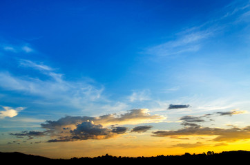 Landscape of beautiful sky and blue sky and yellow sky with clouds and sunset on evening