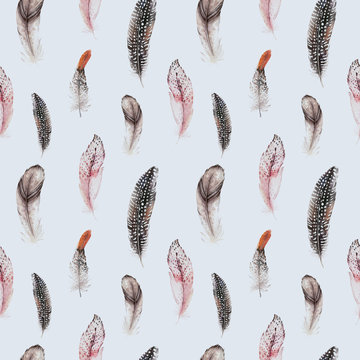 Watercolor natural birds feather boho pattern. Bohemian Seamless texture with hand drawn feathers. Feather boho illustration for your design. Bright blue colors decoration.