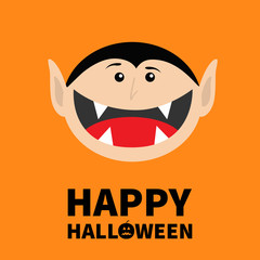 Happy Halloween pumpkin text. Count Dracula head face. Cute cartoon vampire character with fangs. Big mouth tongue. Baby greeting card. Flat design. Orange background. Isolated.