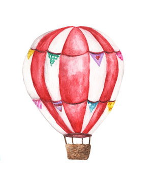Watercolor hot air balloon illustrations isolated on white background. Hand drawn vintage air balloon flying in the sky.