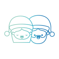 santa claus couple cartoon faces woman eyes closed and man happiness on gradient color silhouette from blue to purple