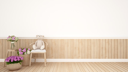 Fototapeta na wymiar teddy bear on chair in kid room or nursery - Interior Design - 3D Rendering