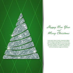 Naklejka premium Christmas and New year card template. Silver fir. Wavy sparkling abstract christmas tree with shining snowflakes or stars on geometric background