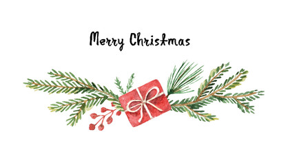 Watercolor vector Christmas wreath with fir branches and place for text.