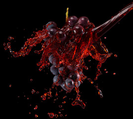 grapes in red wine splash on a black background